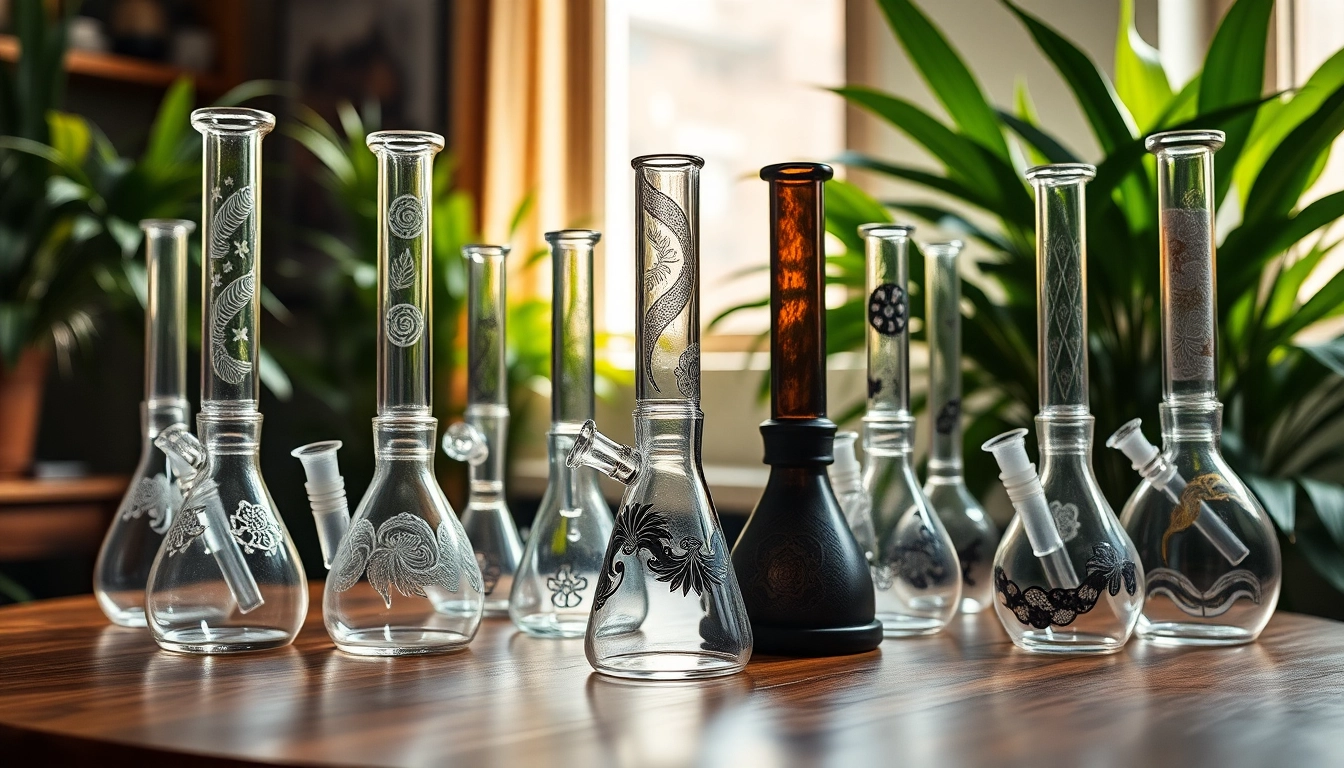 Bongs elegantly displayed on a wooden table surrounded by greenery, showcasing unique designs and warm lighting.