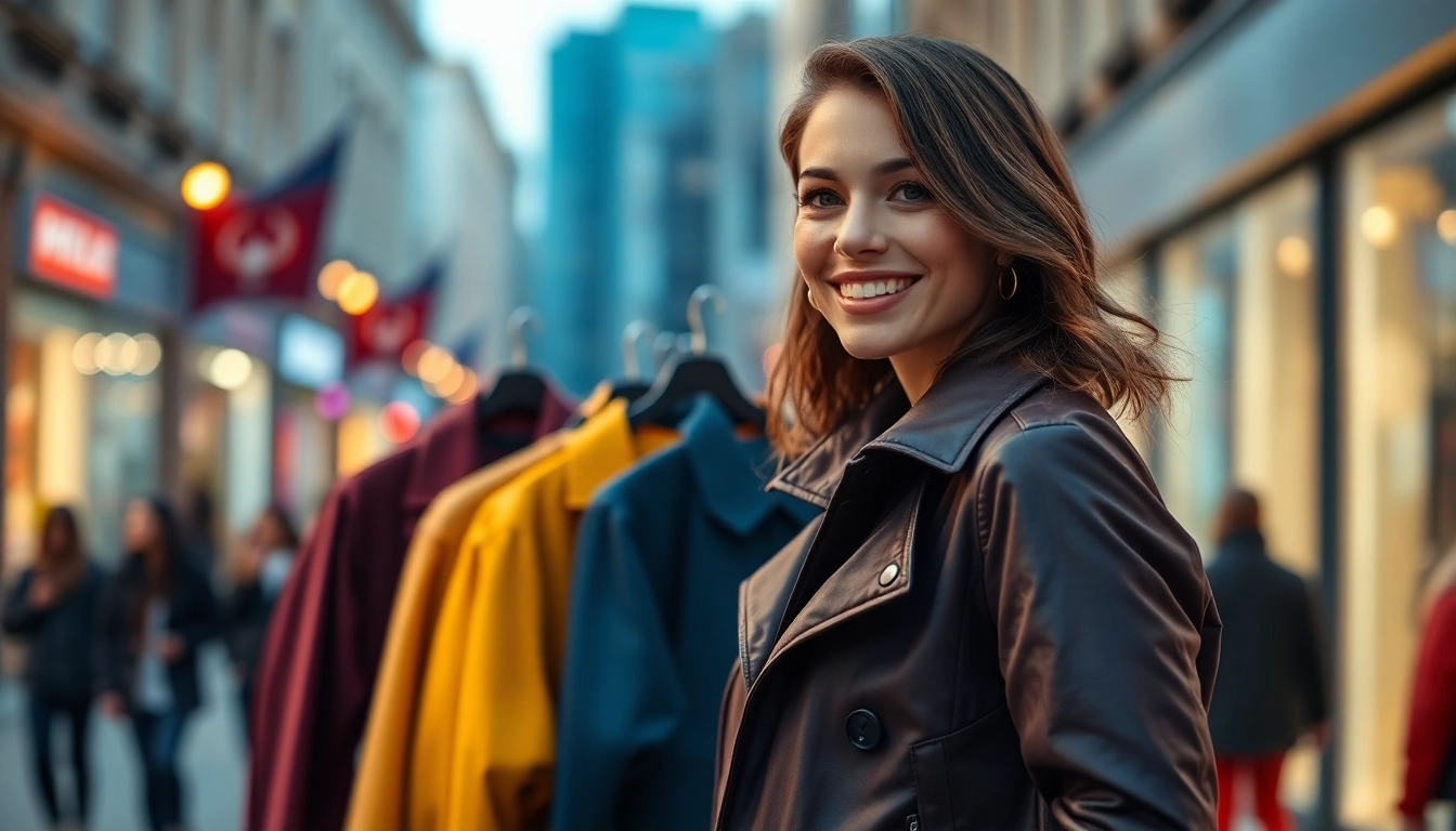 Highlighting stylish jackets womens in a vibrant urban setting with a smiling model.