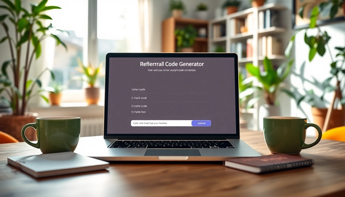 Generate referral codes online using a laptop set in a warm home office.