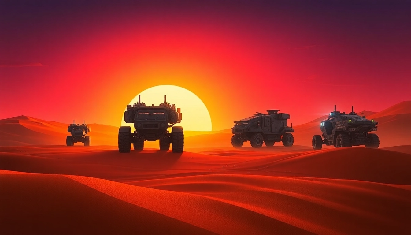 Engage with Dune 2 download featuring armored vehicles on vibrant dunes.