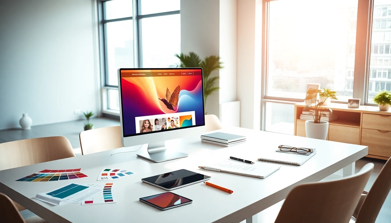 Showcase a vibrant website design on a computer screen in a professional office setting.