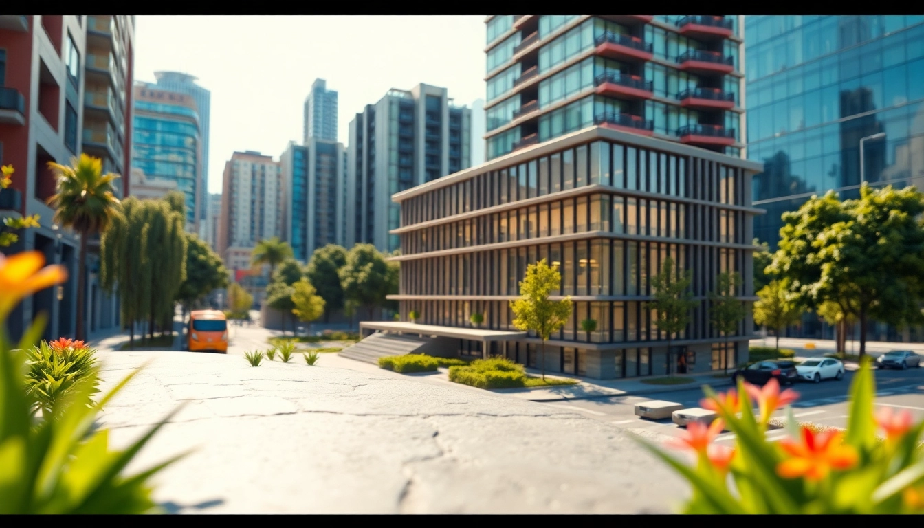 3D Visualisierung eines modernen architektonischen Modells in einer städtischen Umgebung.