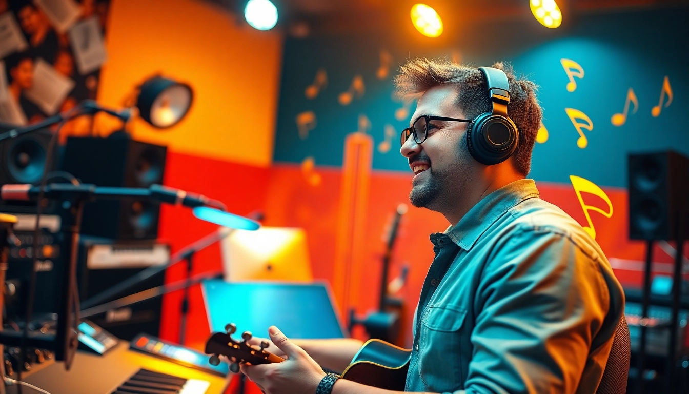 Engaging visual of music pitching, showcasing a musician crafting sounds in a vibrant studio.