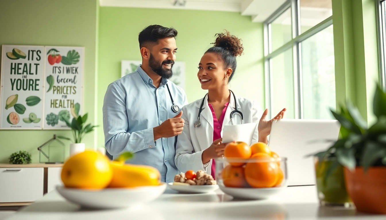Evaluate the best diet program with a nutritionist in a bright office setting.