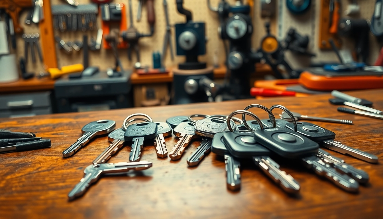 Inspecting truck keys on a workbench with tools highlighting their craftsmanship.