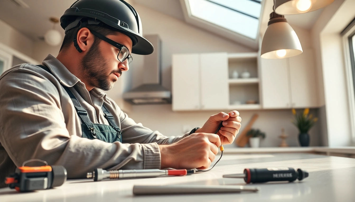 Electrician installing modern LED lights in a kitchen with focused attention.