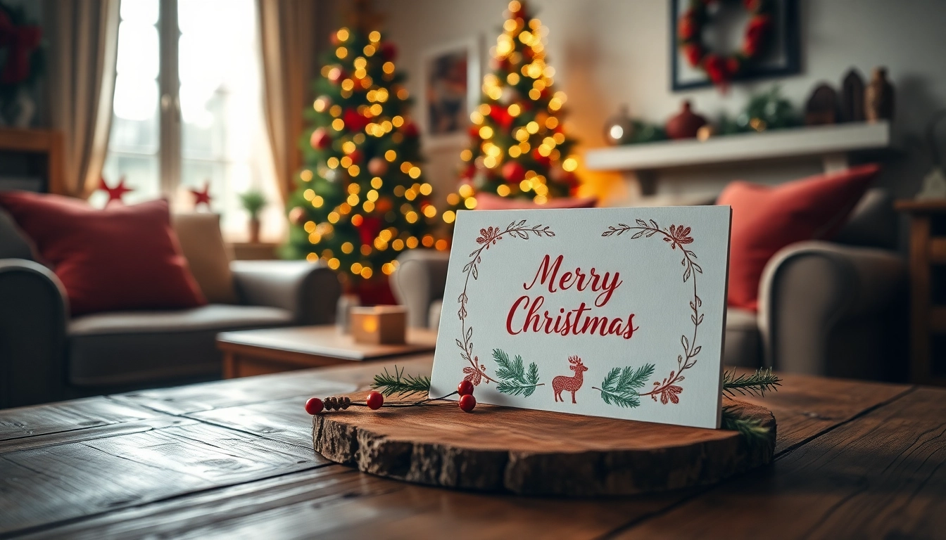 Send Christmas cards with fast delivery UK with a beautifully designed card displayed in a festive living room.