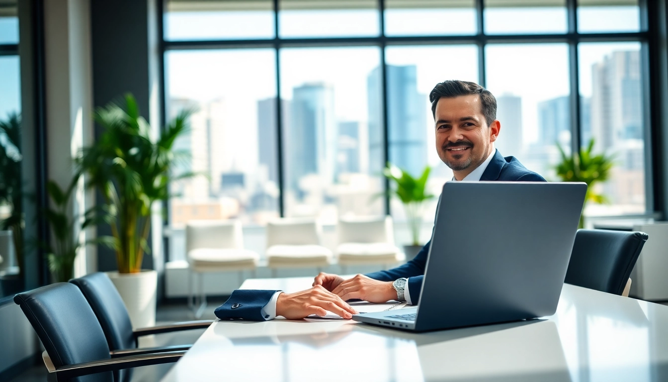 Real estate lawyer consulting clients in a professional office setting with a city view.