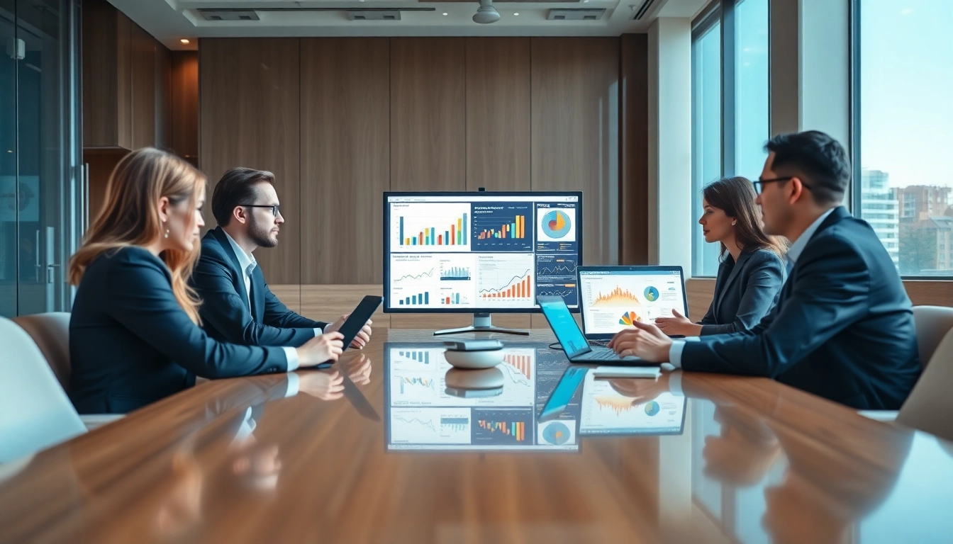 Team analyzing ai for competitive intelligence data in a modern conference room setting.