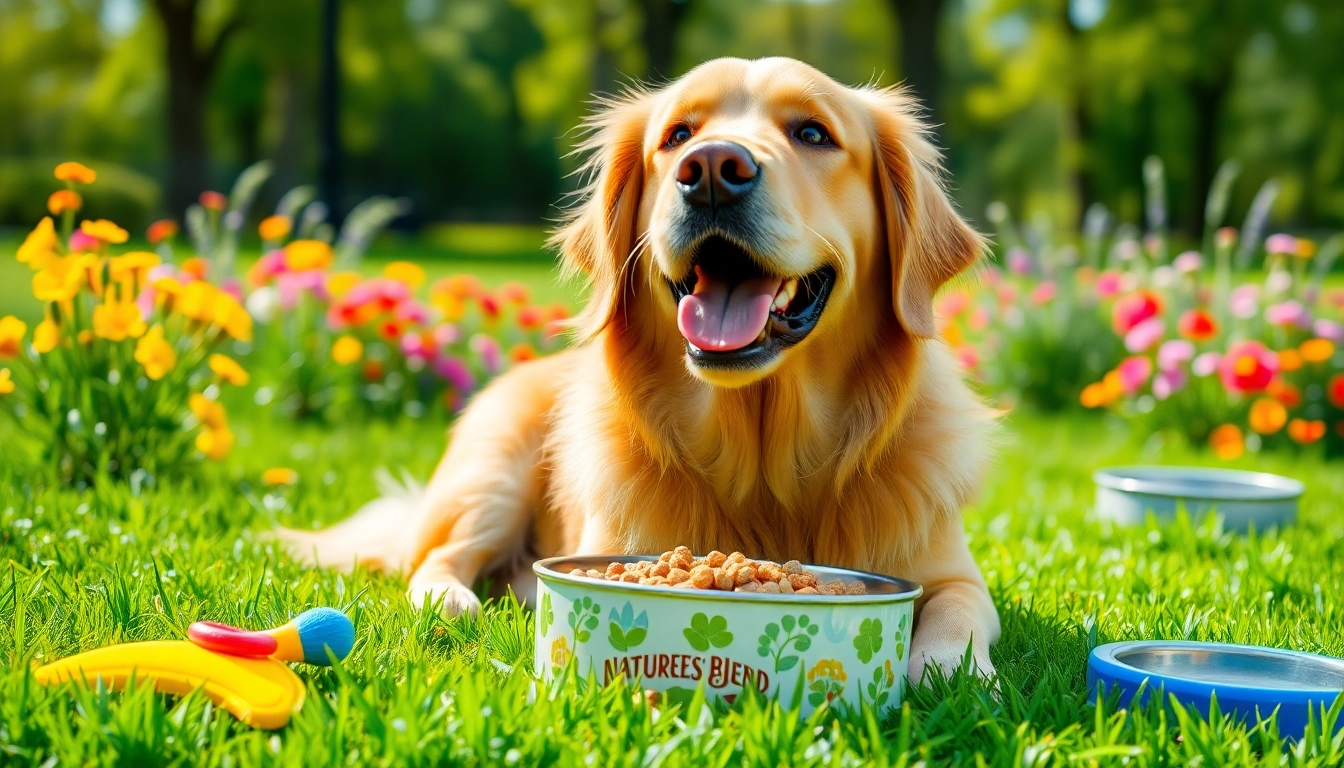 Dog enjoying nature's blend dog food canada in a sunny park with vibrant flowers.