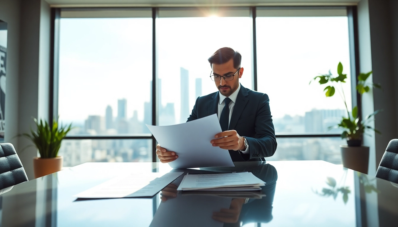 Real estate lawyer reviewing legal documents at a modern office desk with a city skyline background.