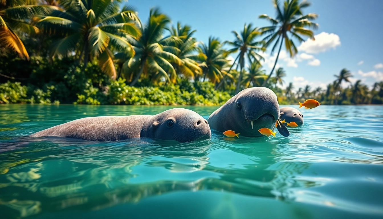 Manatees puerto rico gracefully swimming in a serene lagoon surrounded by tropical foliage.