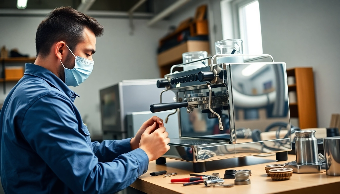 Cimbali service technique: Skilled technician conducting espresso machine repairs with precision in a modern workshop.