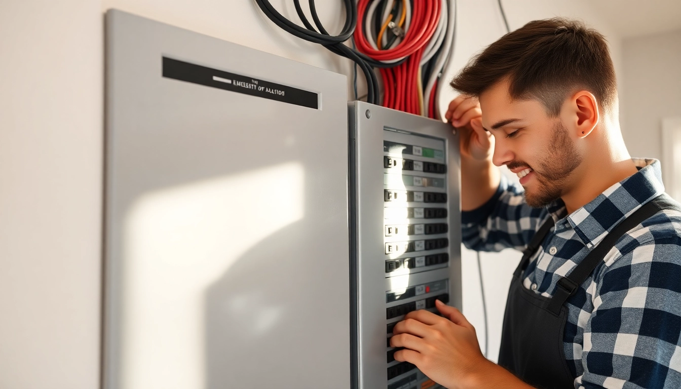 Inspecting an Electrical Panel in a modern home setup with a friendly technician.