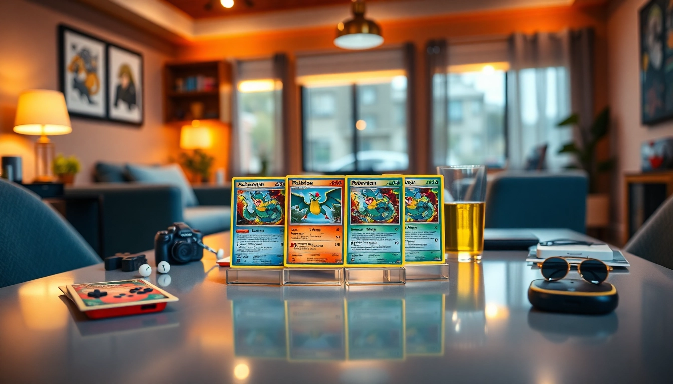 Showcase of real pokemon cards india displayed on a modern tabletop in a cozy game room.