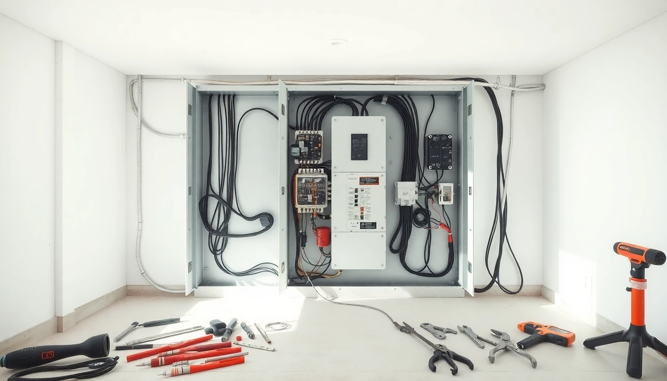 Examine a detailed electrical panel setup in a clean environment, showcasing its intricate components.