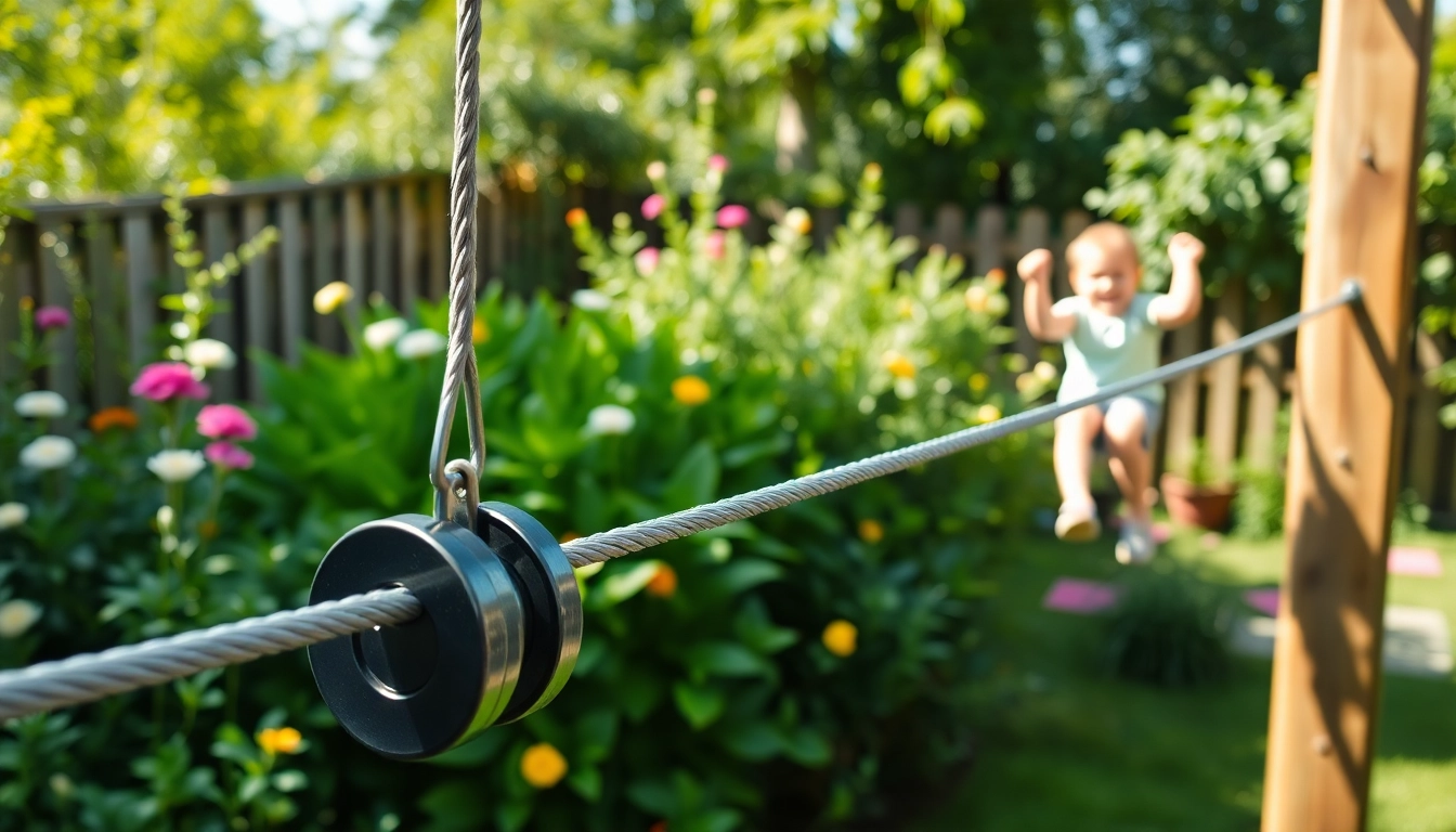 Install a GARDEN ZIP WIRE KIT in a verdant backyard for an exciting outdoor experience.
