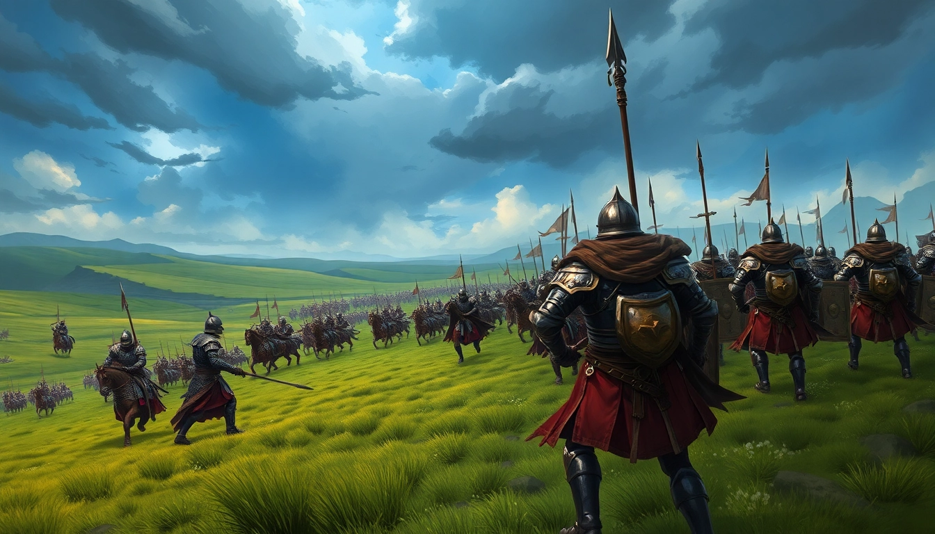 Warlords engage in fierce battle amid a dramatic medieval landscape, showcasing dynamic combat.