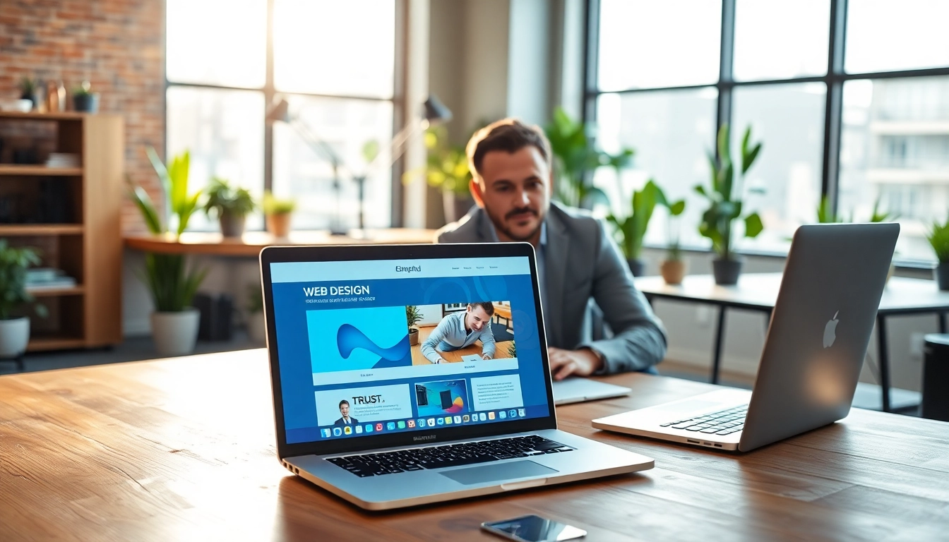Engaging Edmonton web design collaboration between a designer and client in a modern office.