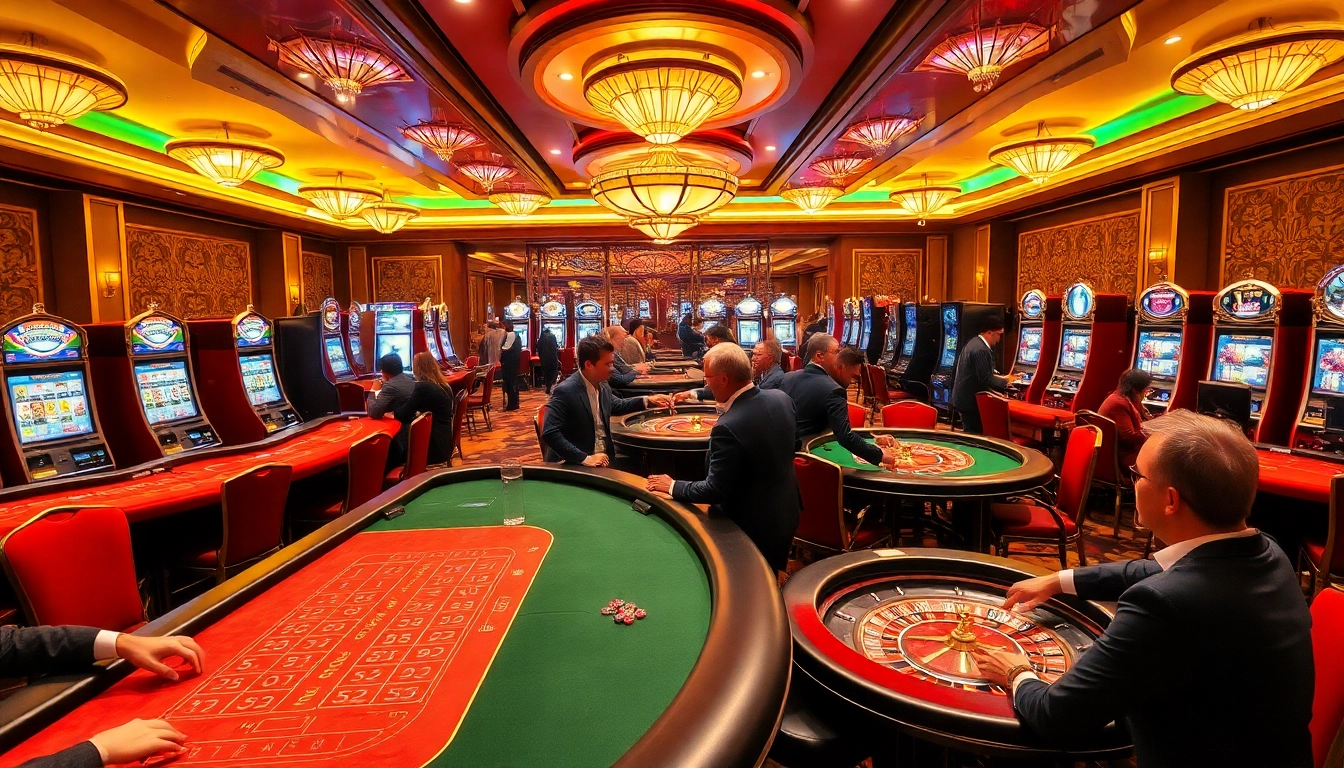 Engage with thrilling games at TPower casino, showcasing an exciting casino scene filled with players and vibrant lights.