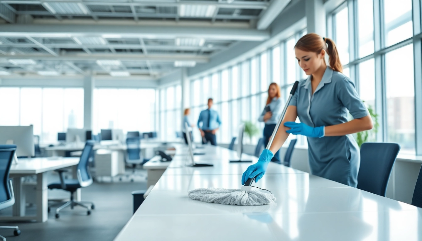 Enhance your workspace with office cleaning services Melbourne featuring professional cleaners in action.