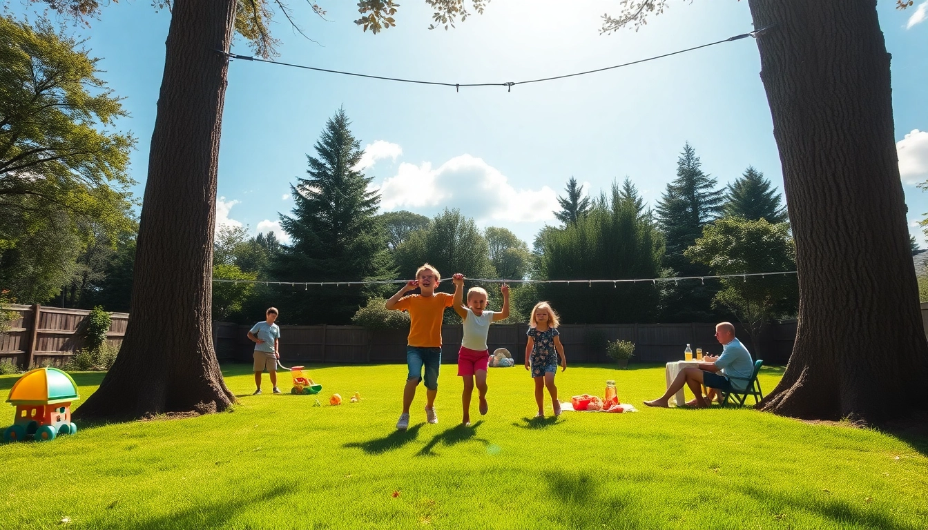 A family enjoying a GARDEN ZIP WIRE KIT in a sunny backyard setting.