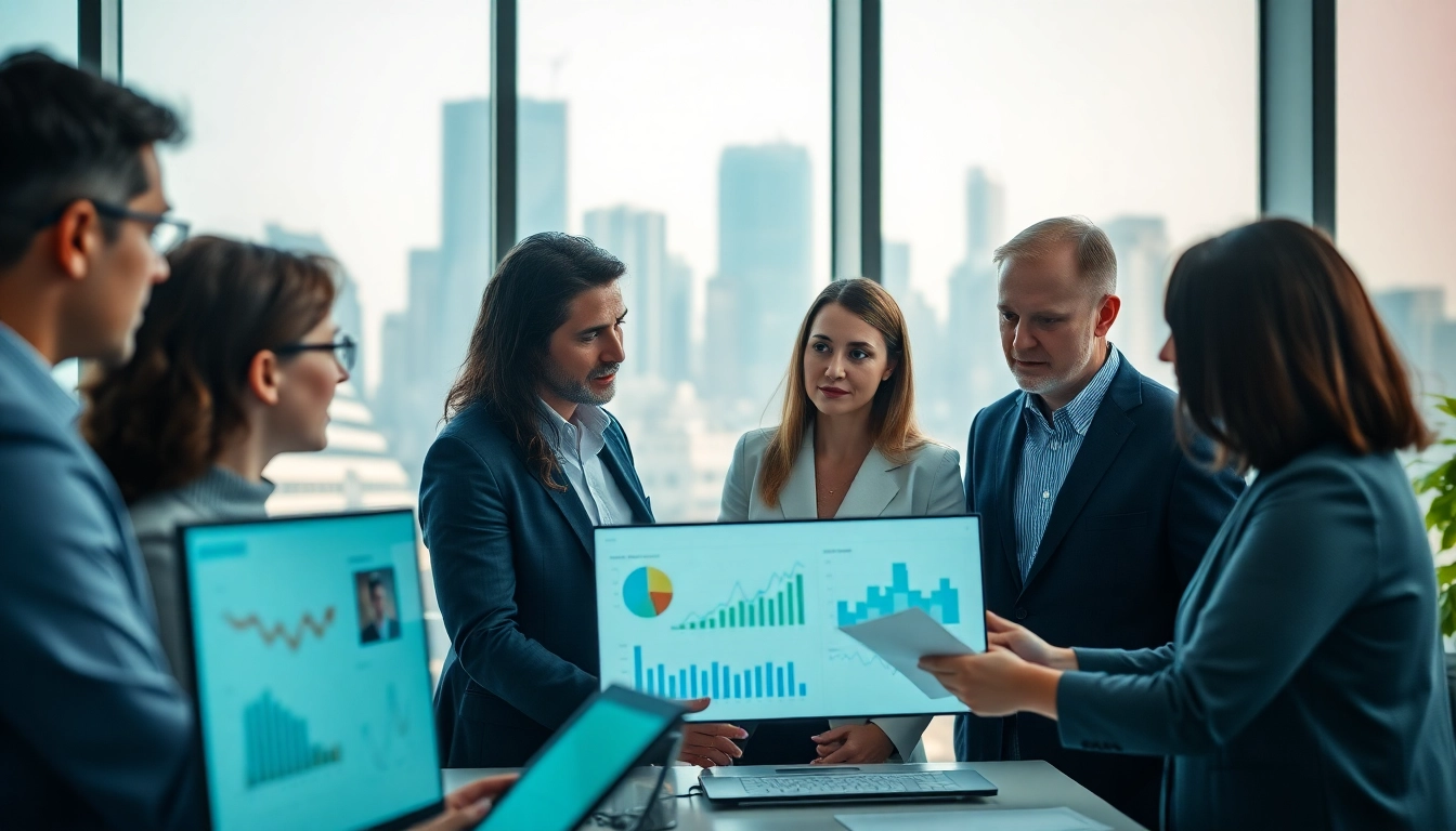Analyze competitive intelligence strategies with a diverse team in a modern office.