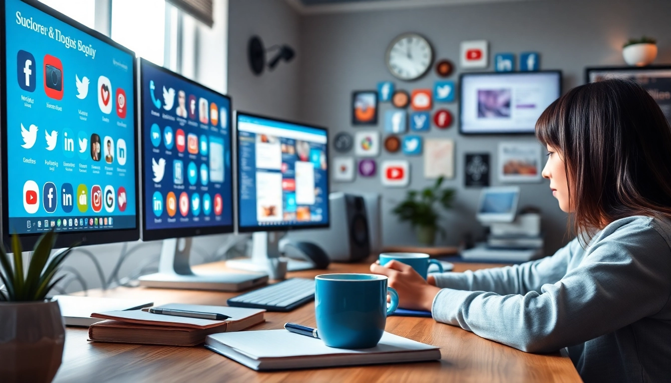 Engaged user automating social media and blog automation tasks in a vibrant digital workspace.