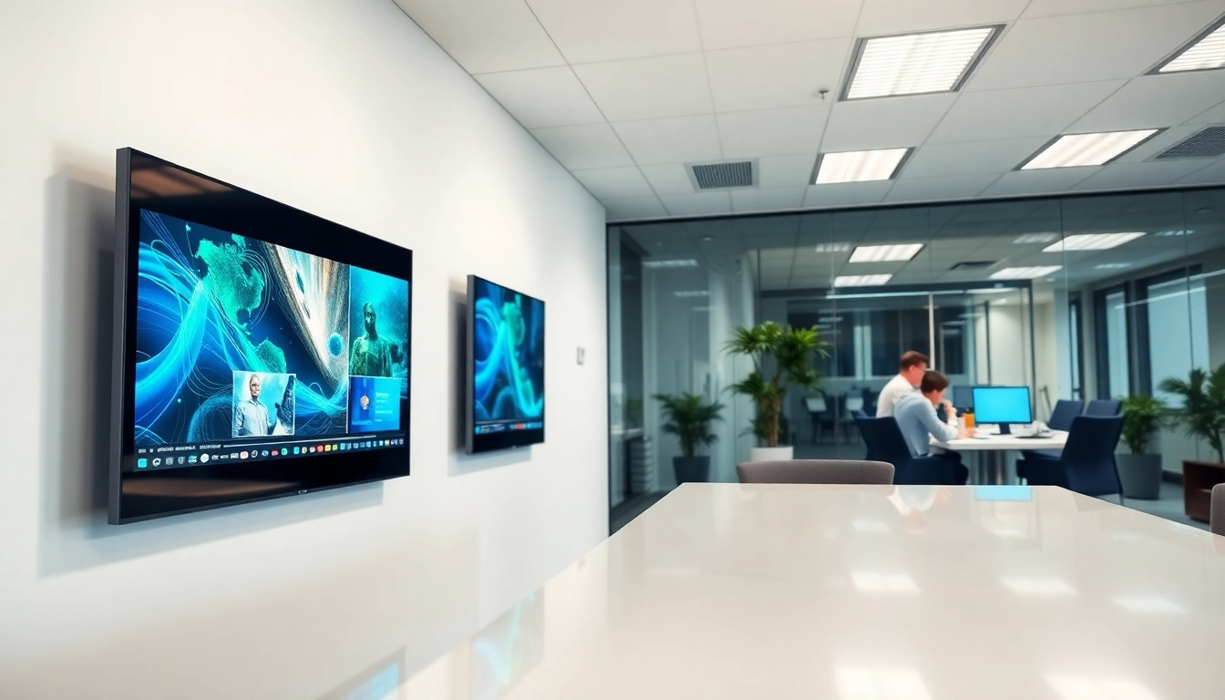 Showcasing digital signage for offices in a modern workspace with interactive screens.