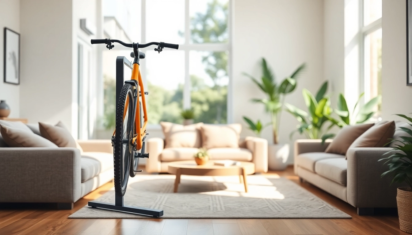 Showcasing a stylish bike rack elegantly supporting a colorful bike in a modern living space.