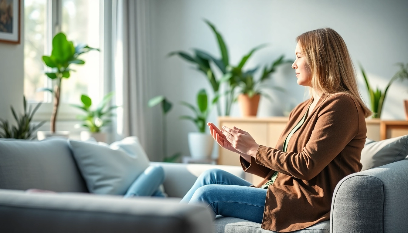 Practicing relaxation techniques for dealing with anxiety in a serene therapy session.