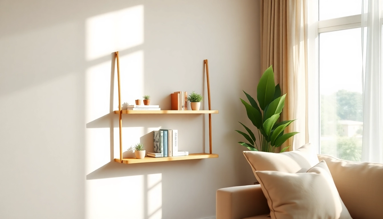 Showcasing a minimalist wall rack with decorative items in a modern living room setting