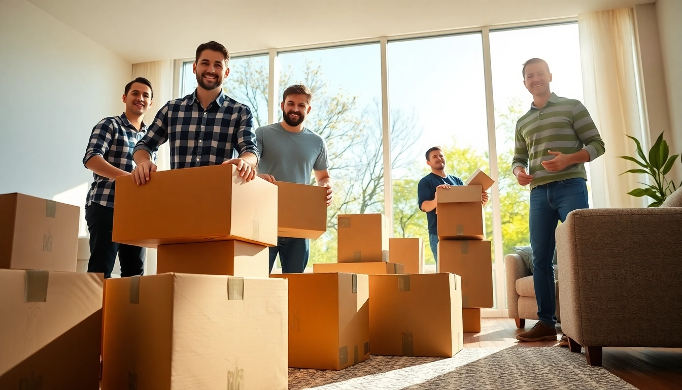 Bronx movers helping a family move furniture in a bright living room.