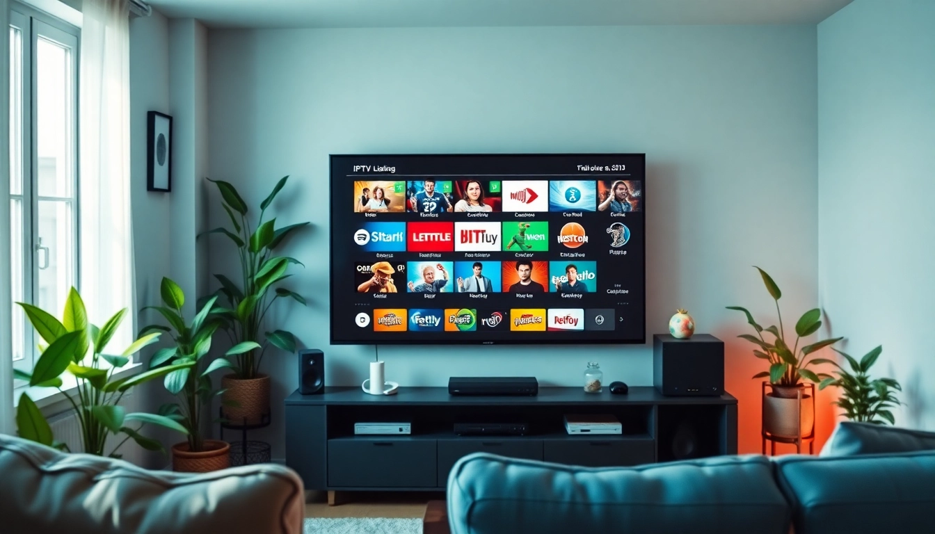 Comprar IPTV en un entorno moderno con un televisor exhibiendo diversos canales