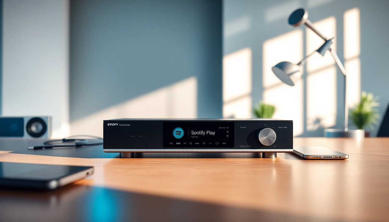 Showcase a sleek digital music player from https://hardwareplayer.com featuring Spotify integration and modern design.
