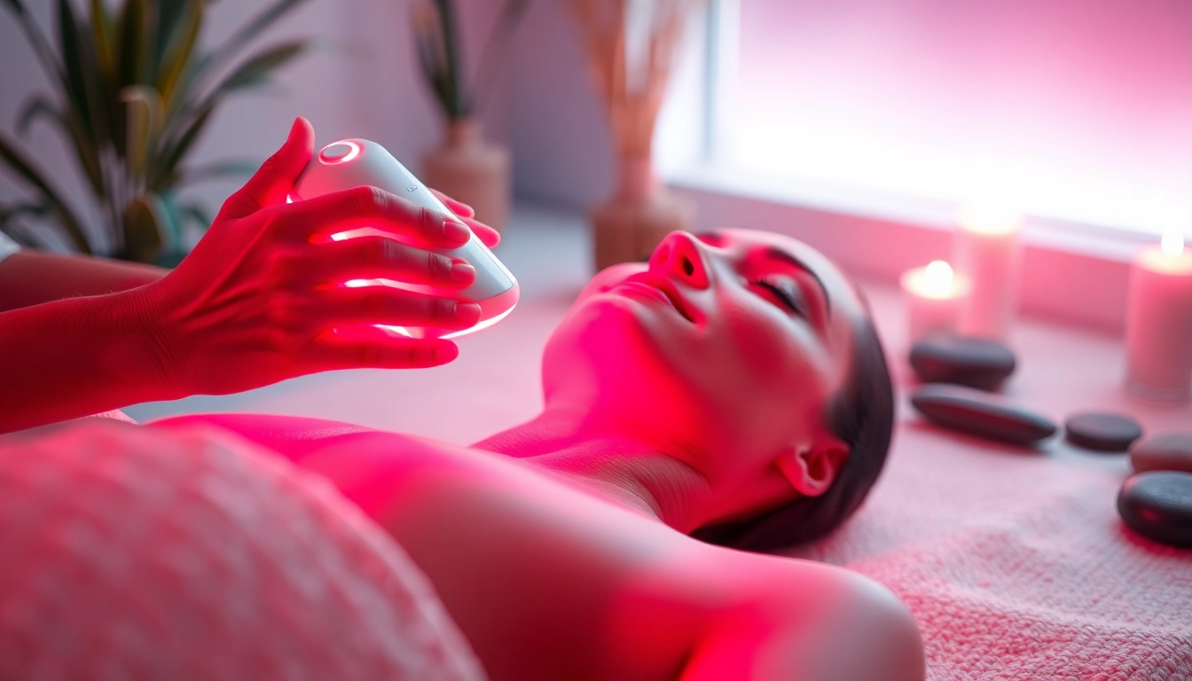 Experience red light therapy for thebody with a calming spa environment featuring a treatment device.