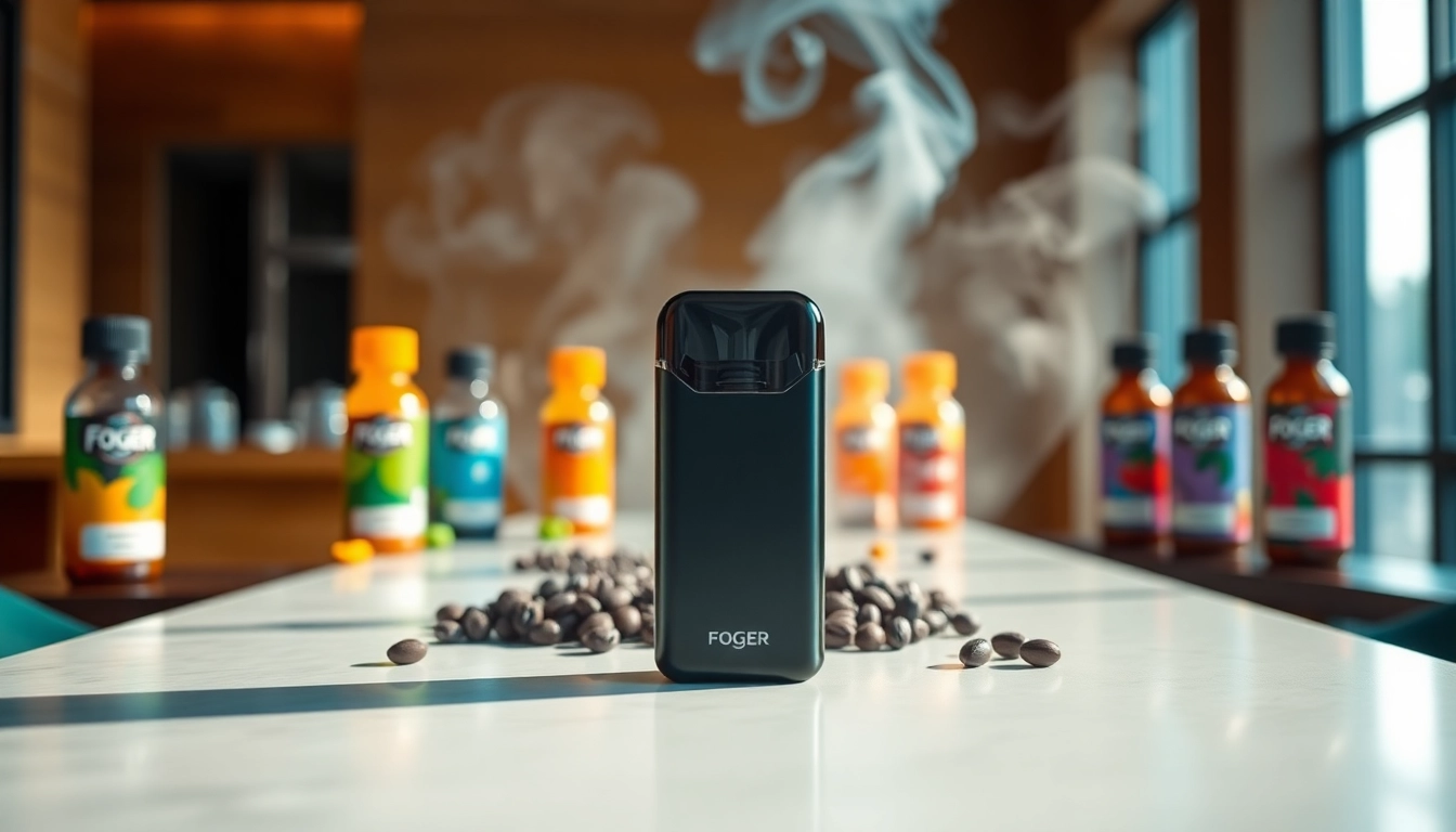 Showcasing the Foger Switch Pro Pod surrounded by colorful flavor options for an engaging vape experience.