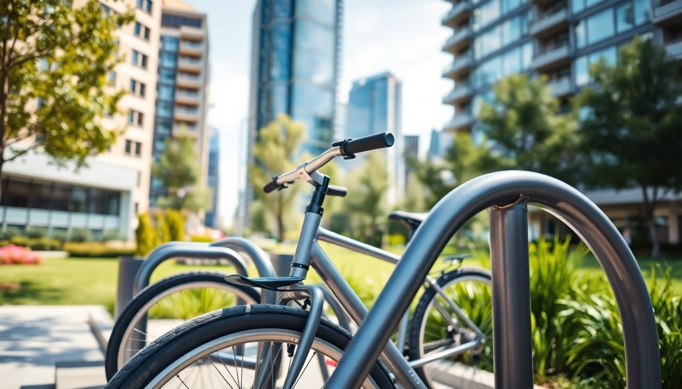 Showcasing a modern bike rack with sleek design in a vibrant urban park setting.