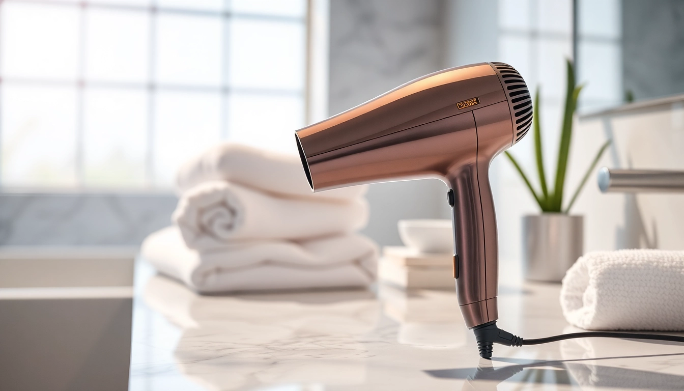 Effortlessly styled lightweight hair dryer on a marble countertop, emphasizing elegance and design.