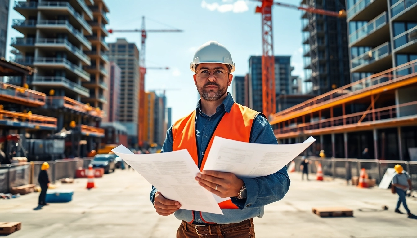 Manhattan Construction Manager overseeing an urban construction project with blueprints in hand.