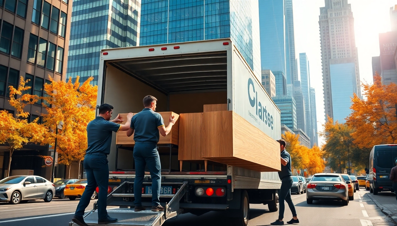 Efficient Manhattan movers loading furniture into a truck in a vibrant city setting.