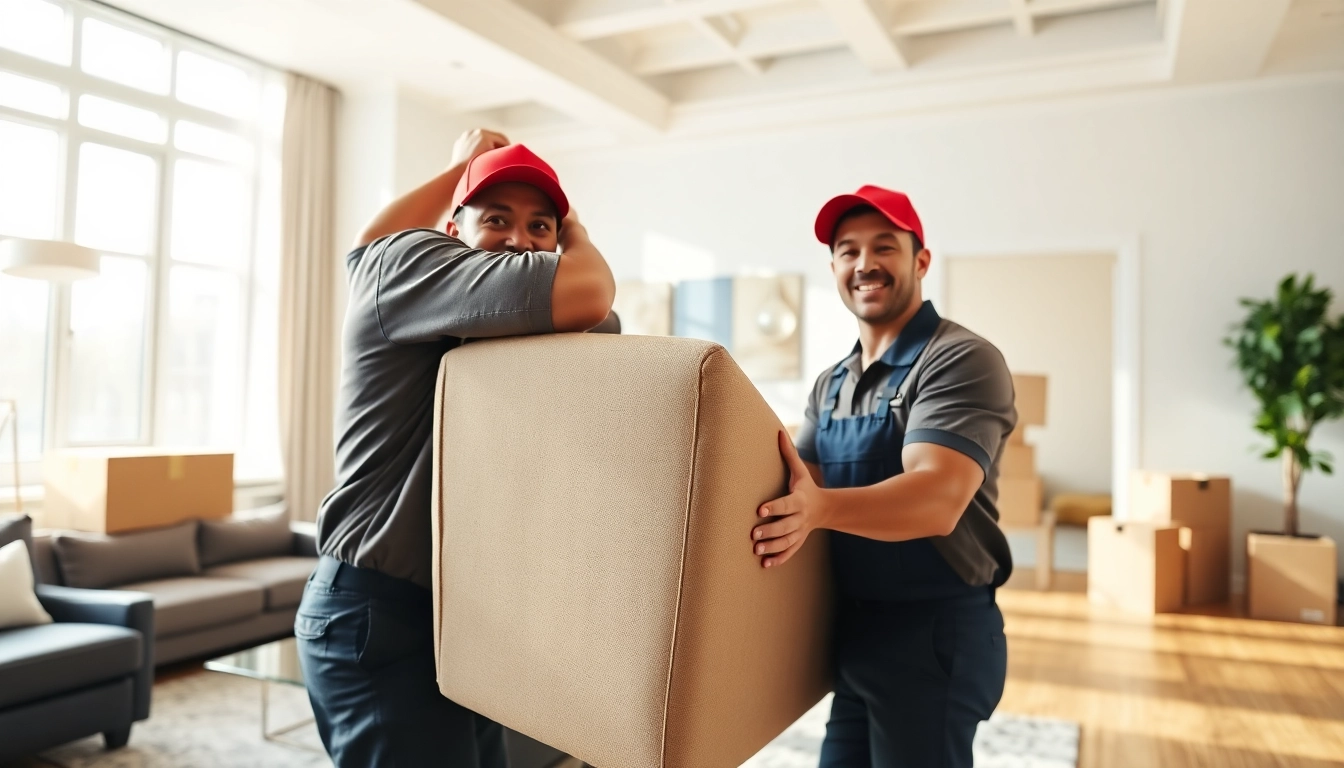 Best movers nyc assisting customers with a large sofa in a bright NYC apartment.
