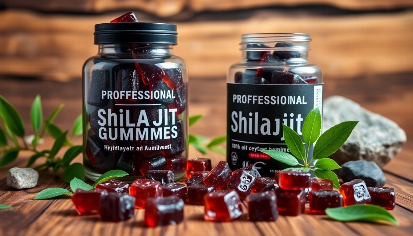 Showcase vibrant Shilajit Gummies in a rustic setting, illustrating natural health and energy.