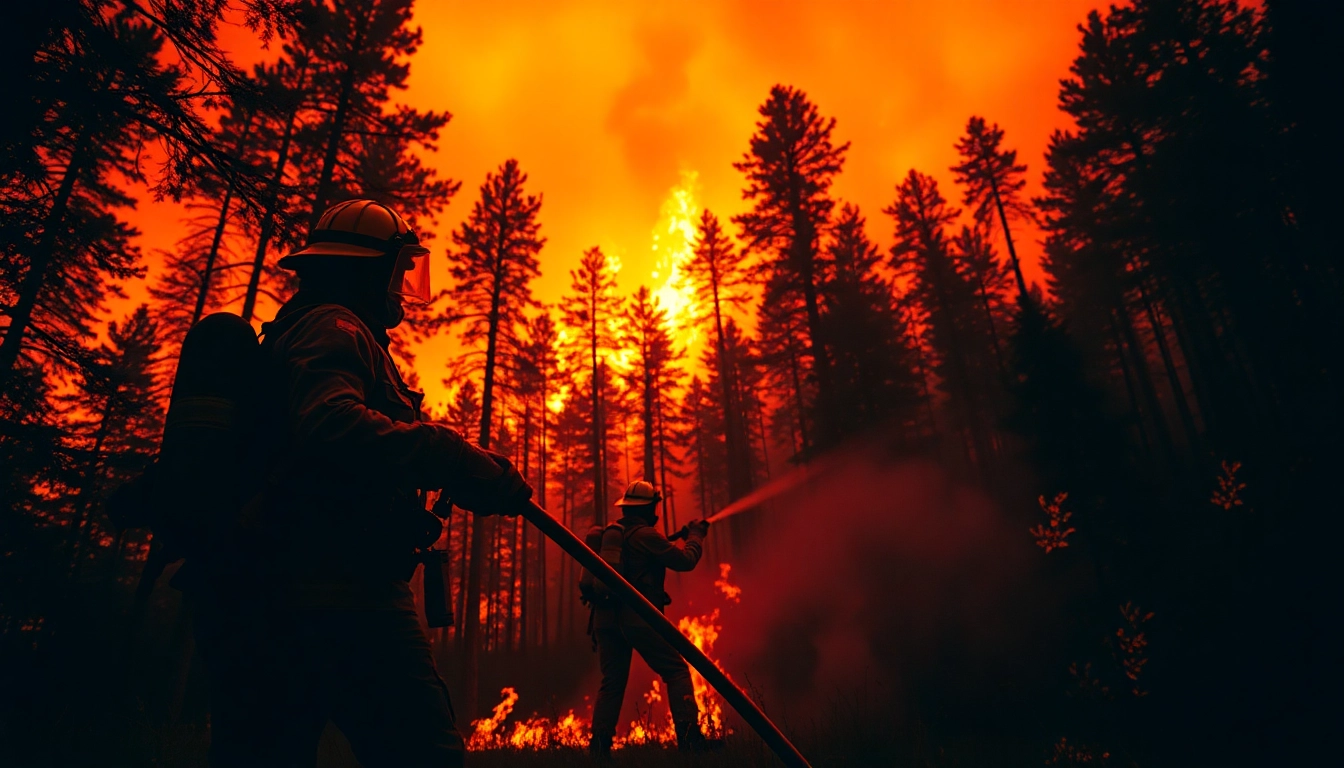 Firefighter combating wildfire events with flames and smoke in a heroic forest scene.