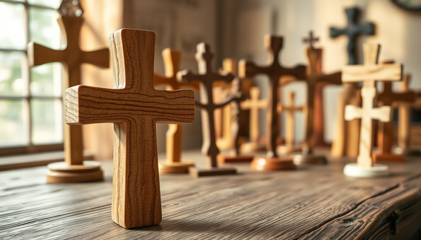 Admire the intricately crafted handmade crosses showcasing unique designs and natural wood details.